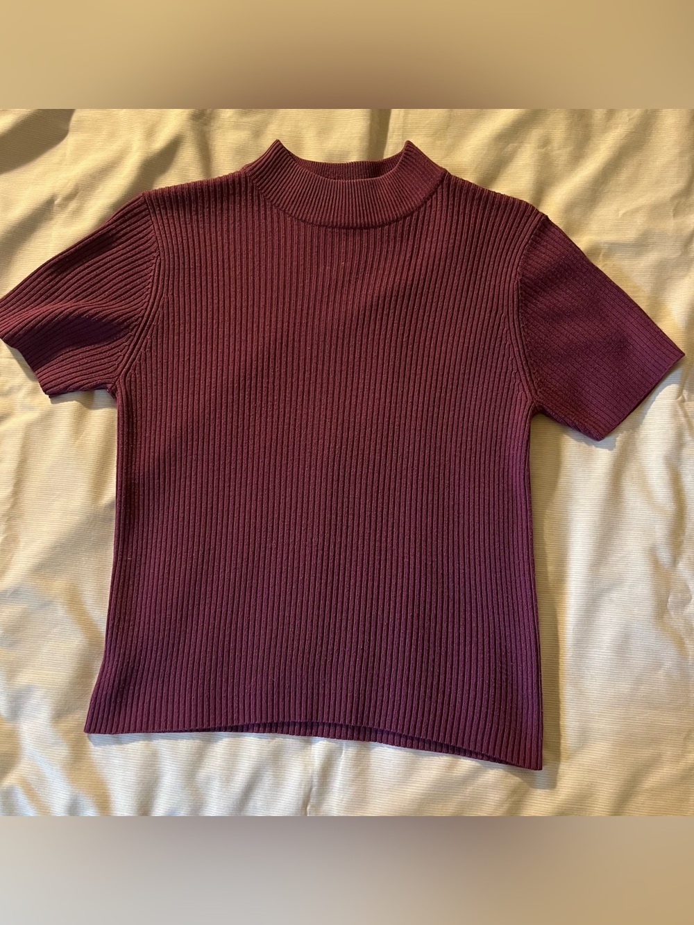 Studio Works Ribbed Mock Neck Short Sleeve Sweater - Burgundy Mauve Petite